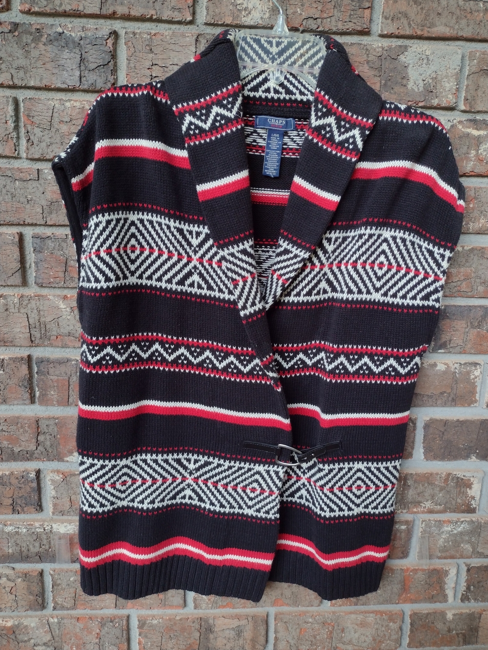 Chaps Denim Sweater Vest Snap Strap Closure Black/Red/White Aztec Women's Large